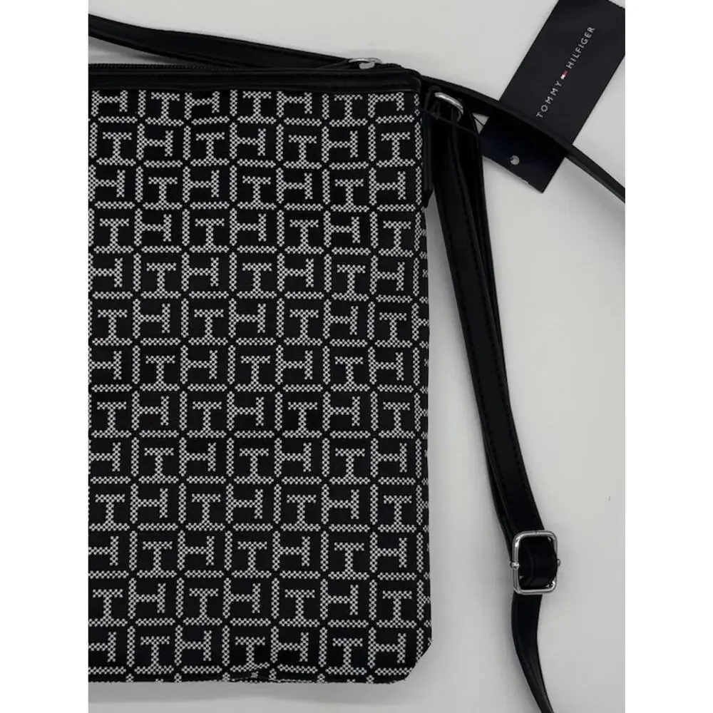 Tommy Hilfiger Women’s Black/White Monogram Logo Crossbody Bag Zip,Adjustable